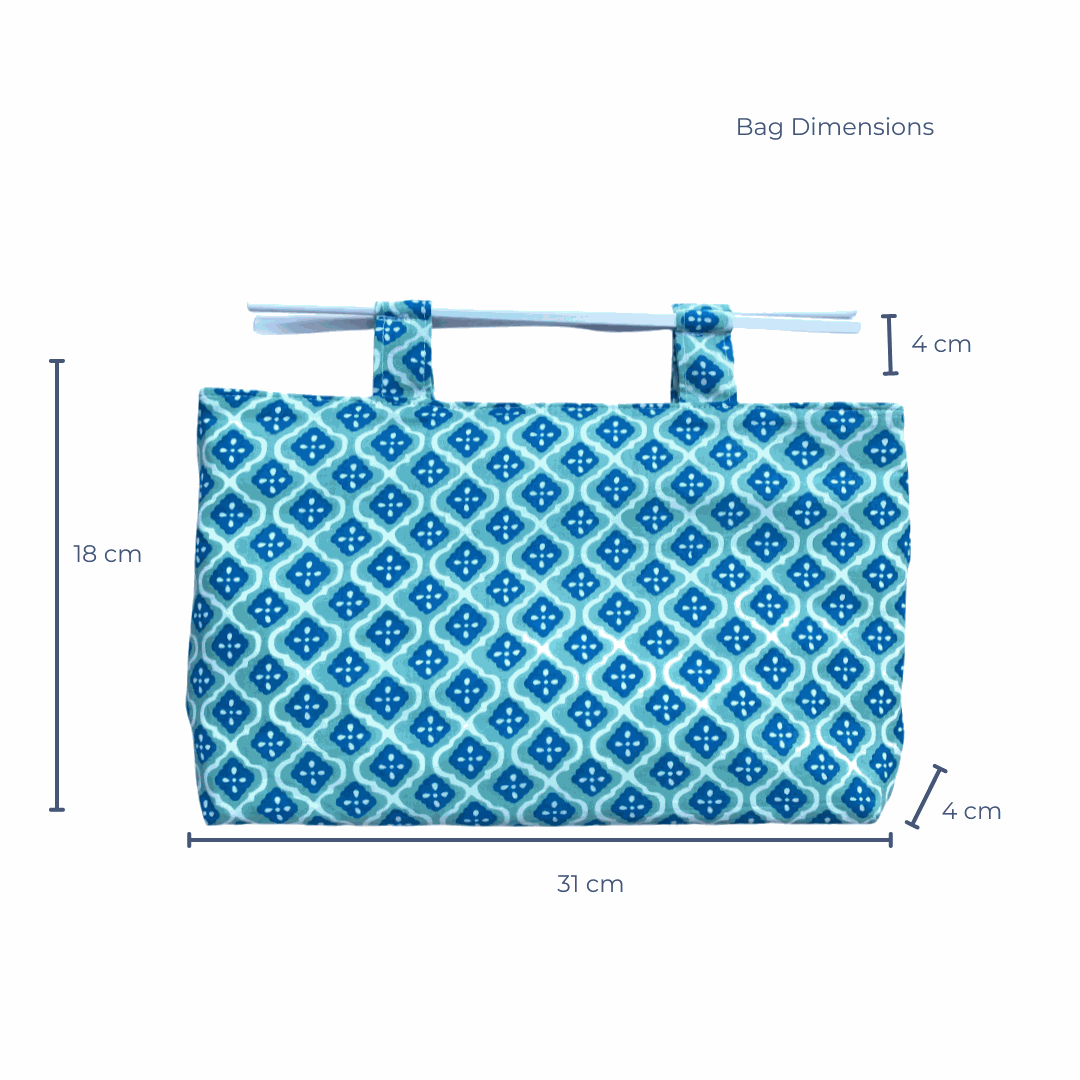 Noosa Escape Chopstick Handle Clutch Bag with blue and sea green block-printed fabric and white chopstick handles