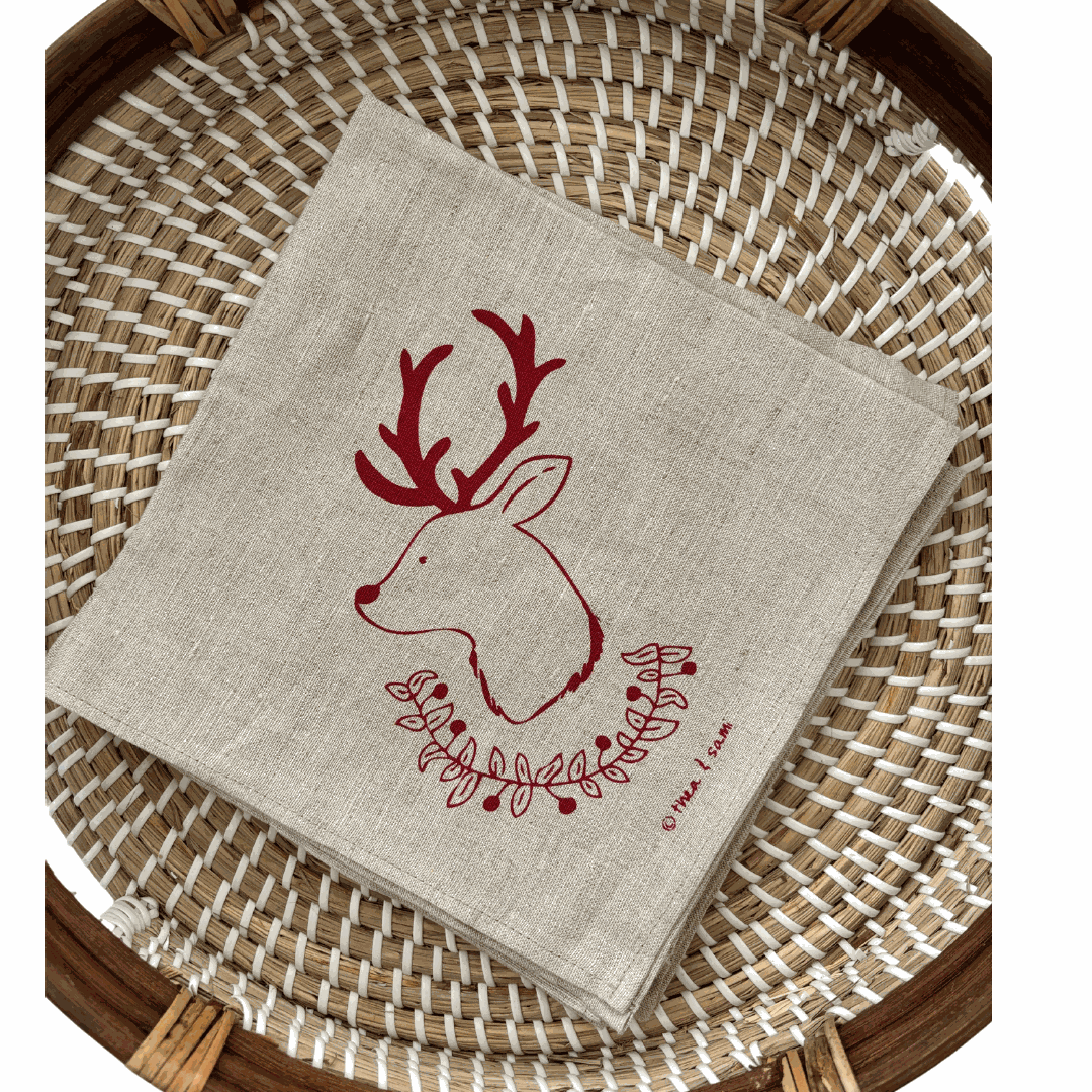 Christmas Deer and Garland Linen Napkins - Red (Set of 4)