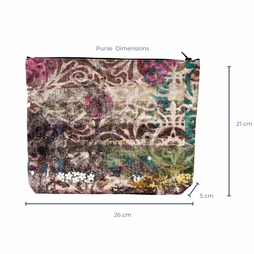 Handprinted Zip Purse : Fretwork and Flowers (large square)