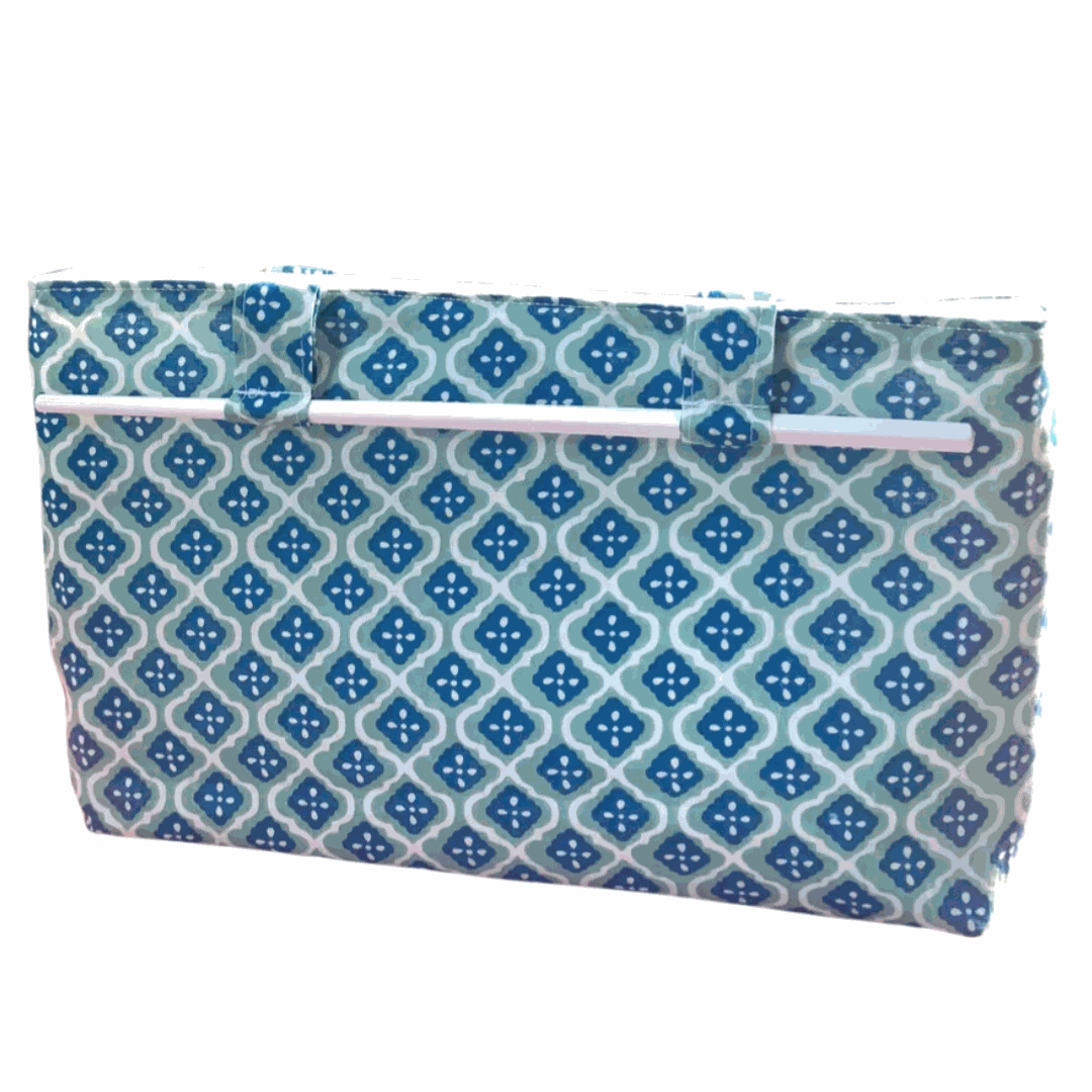 Noosa Escape Chopstick Handle Clutch Bag with vibrant coastal block-printed cotton and white chopstick handles