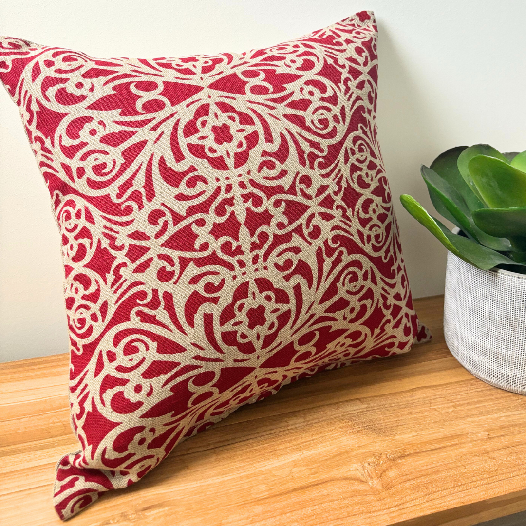 Fretwork Cushion Cover in Red on Natural Linen