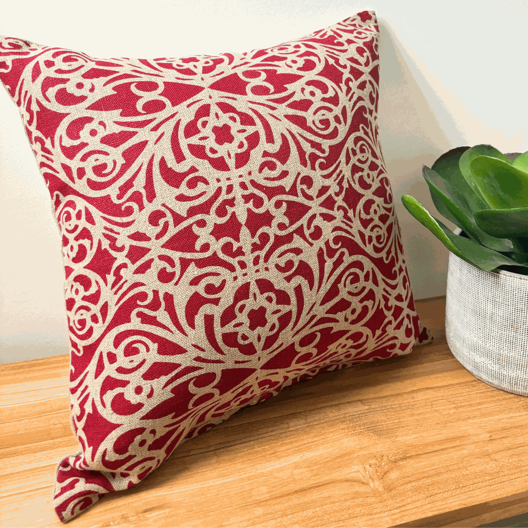 Red Fretwork Cushion Cover on natural linen with architectural gable design, hand screen-printed on upholstery-weight fabric