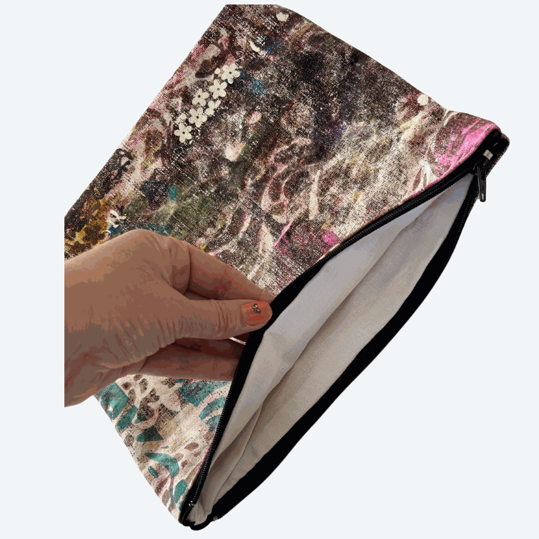 Handprinted Zip Purse : Fretwork and Flowers (large square)