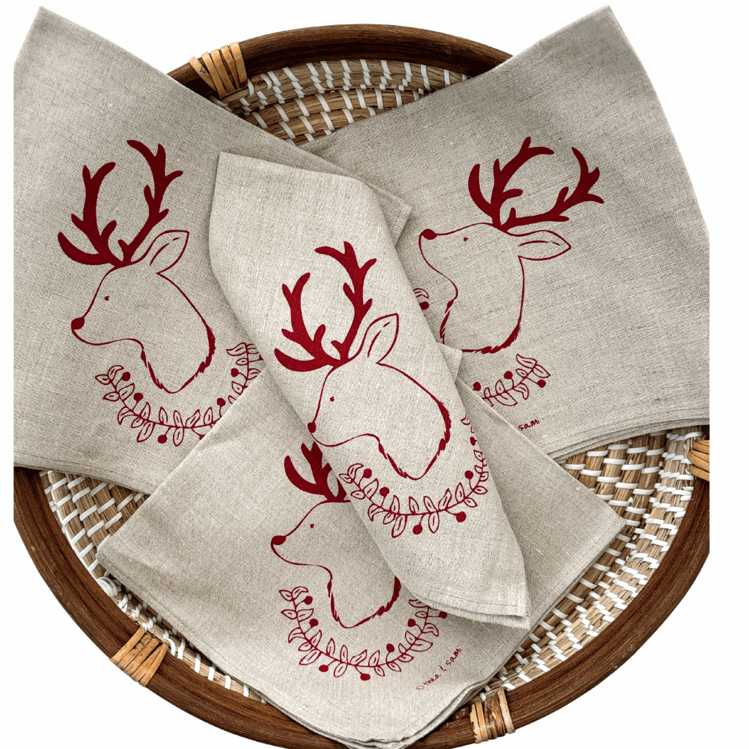 Set of 4 Christmas Deer and Garland Linen Napkins in red with eco-friendly screen print on natural linen