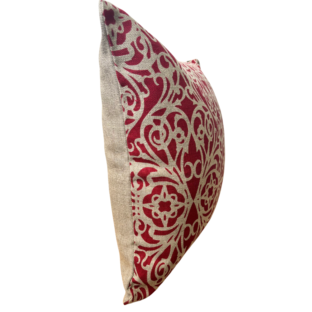 Fretwork Cushion Cover in Red on Natural Linen