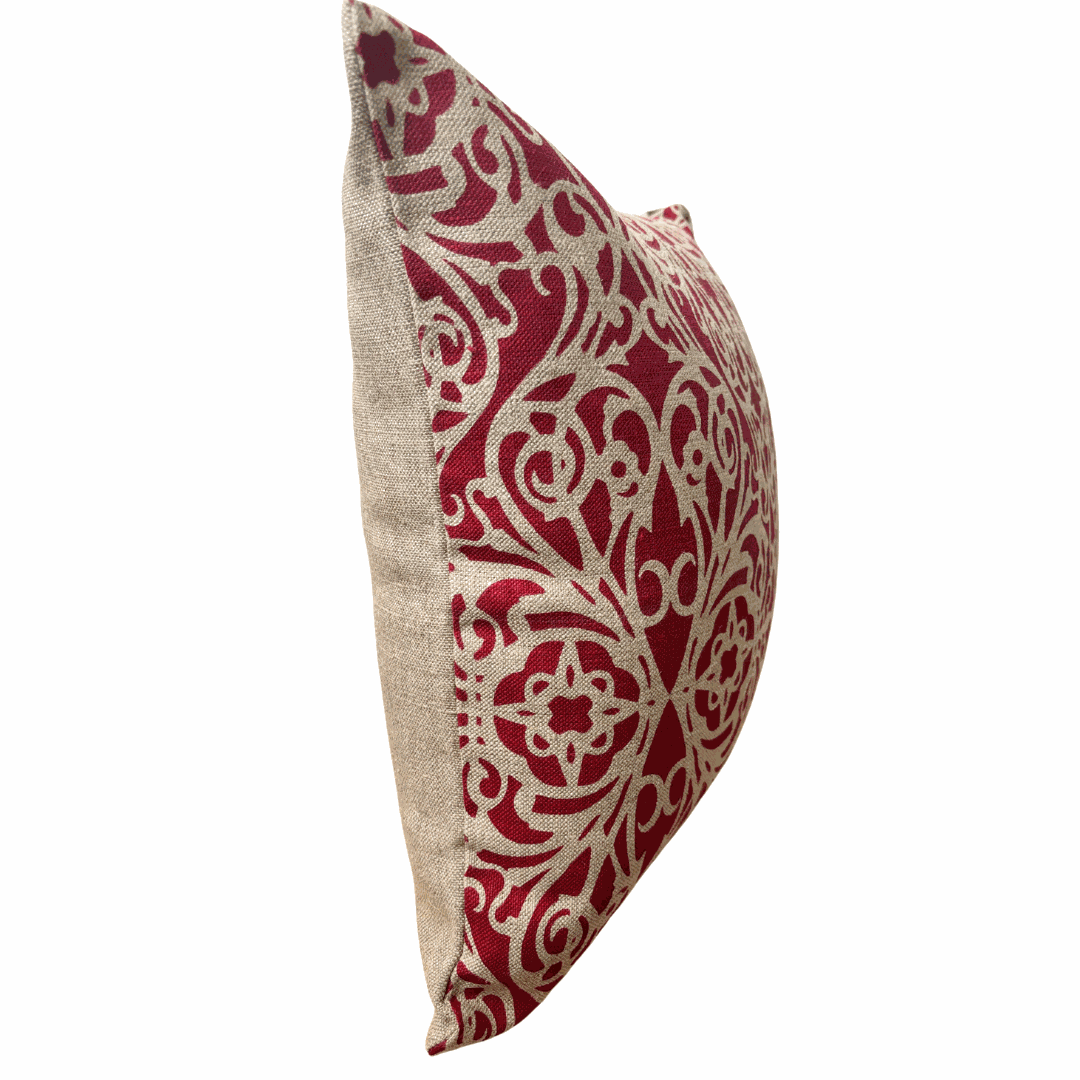 Fretwork Cushion Cover in Red on Natural Linen