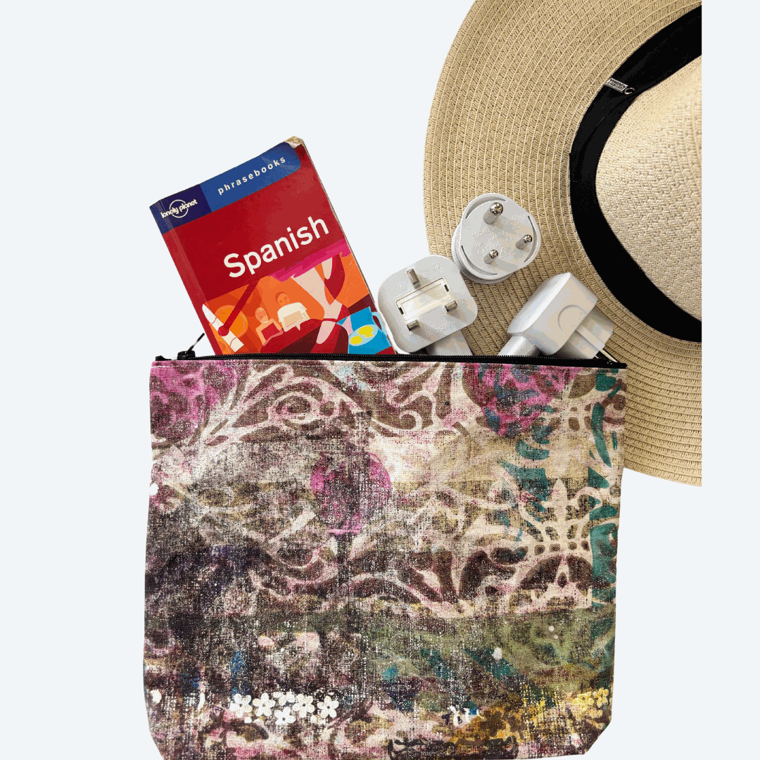 Handprinted zip purse with fretwork and flowers design on durable cotton canvas, blue zip, 26x21 cm, made in Queensland Australia