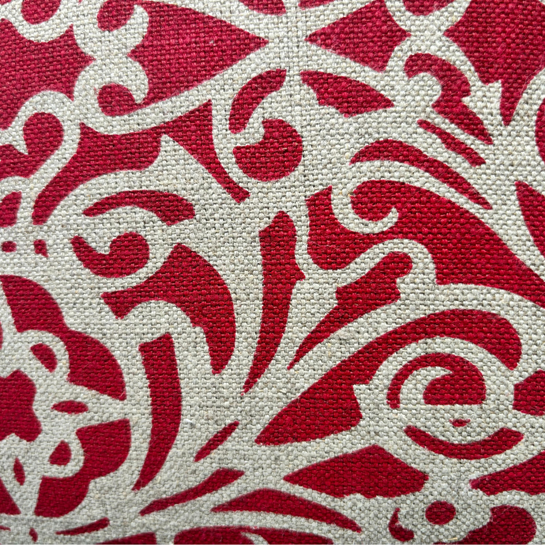 Fretwork Cushion Cover in Red on Natural Linen