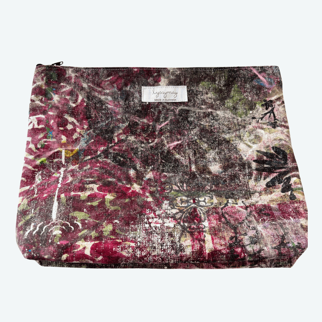 Handprinted Zip Purse : Fretwork and Flowers (large square)