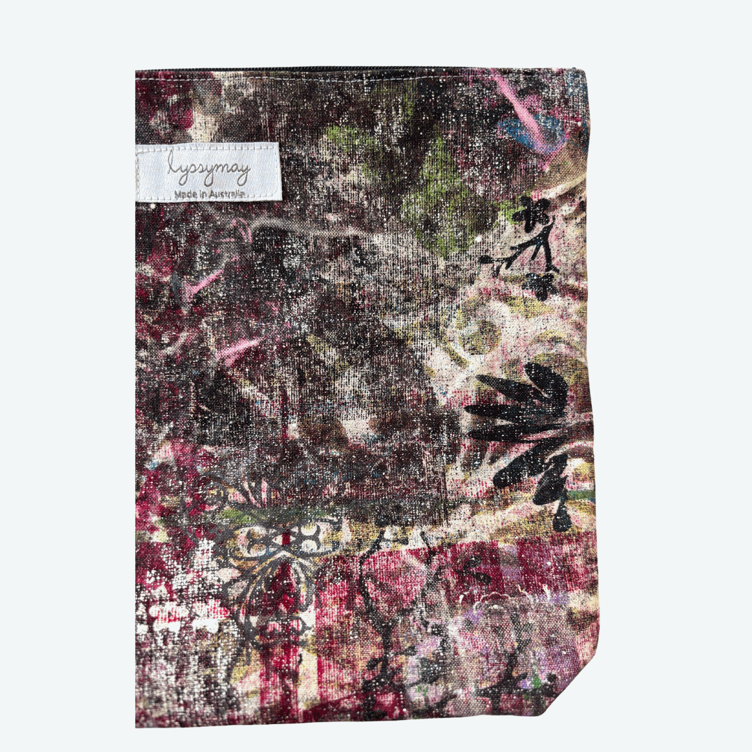 Handprinted Zip Purse : Fretwork and Flowers (large square)