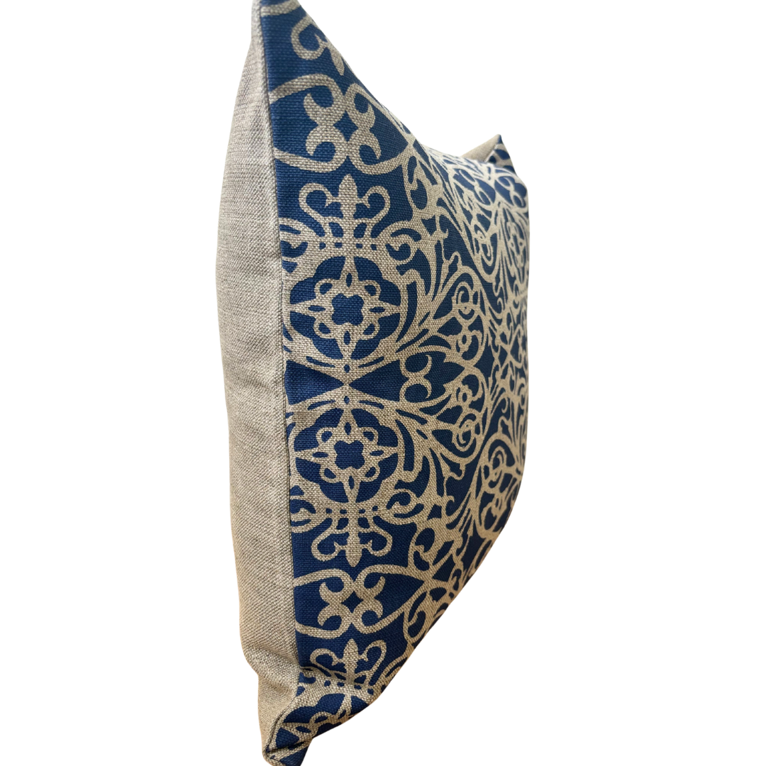 Fretwork Cushion Cover in Blue on Natural Linen
