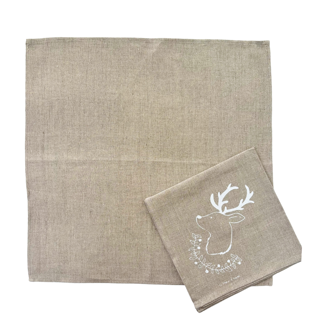Christmas Deer and Garland Linen Napkins - White (Set of 4)