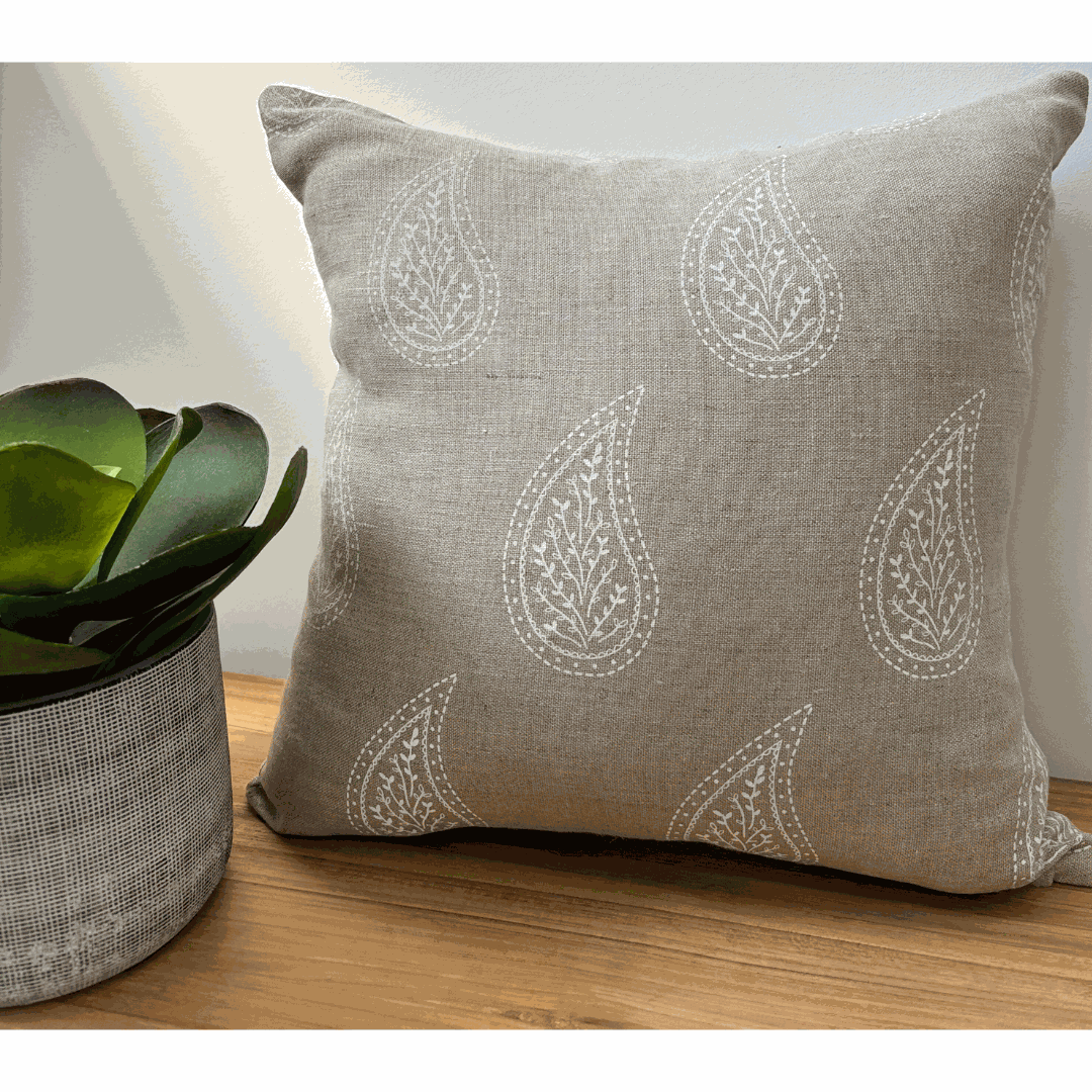 Paisley Parfait Cushion Cover handprinted in white on natural linen with eco-friendly inks