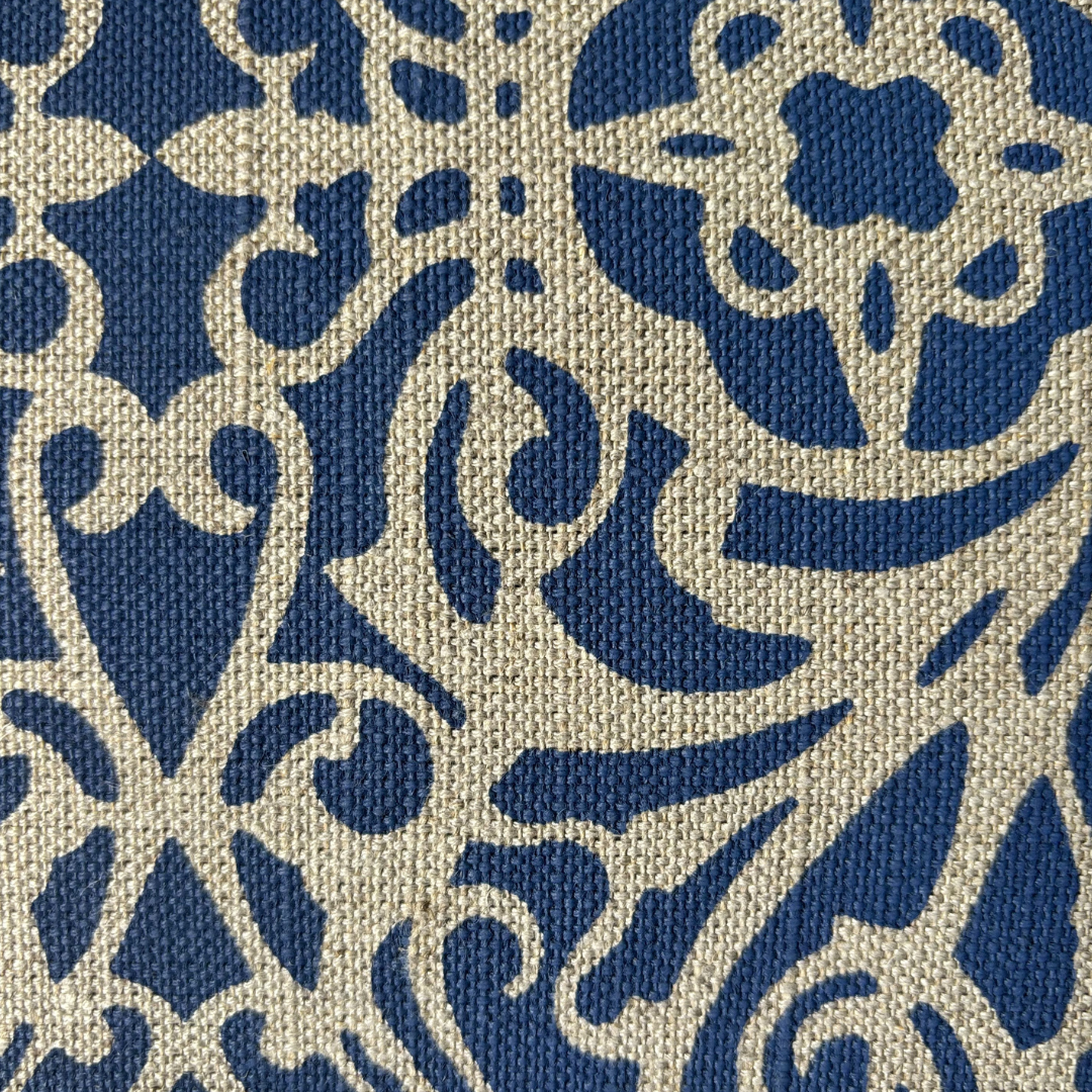 Fretwork Cushion Cover in Blue on Natural Linen