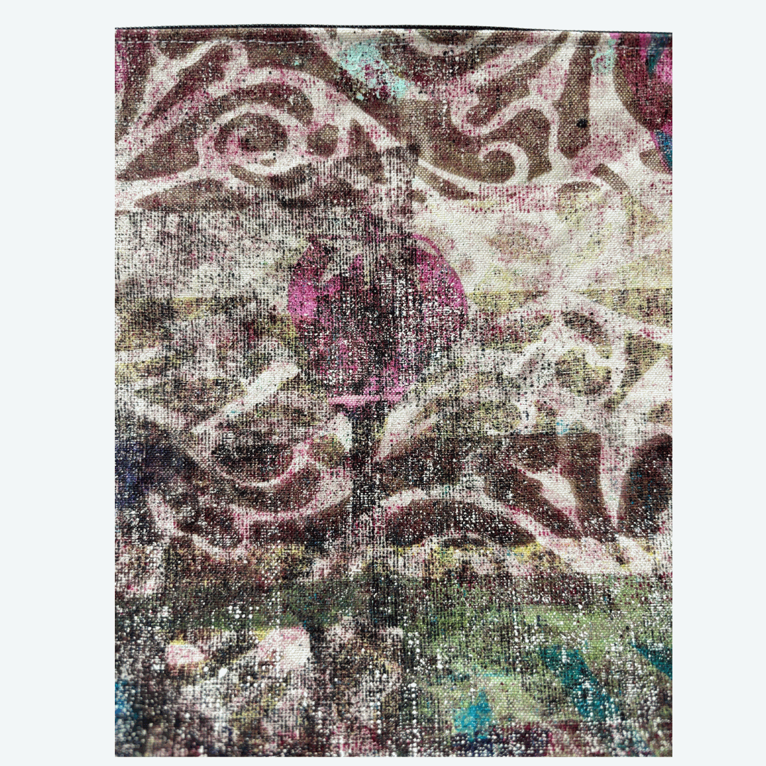 Handprinted Zip Purse : Fretwork and Flowers (large square)