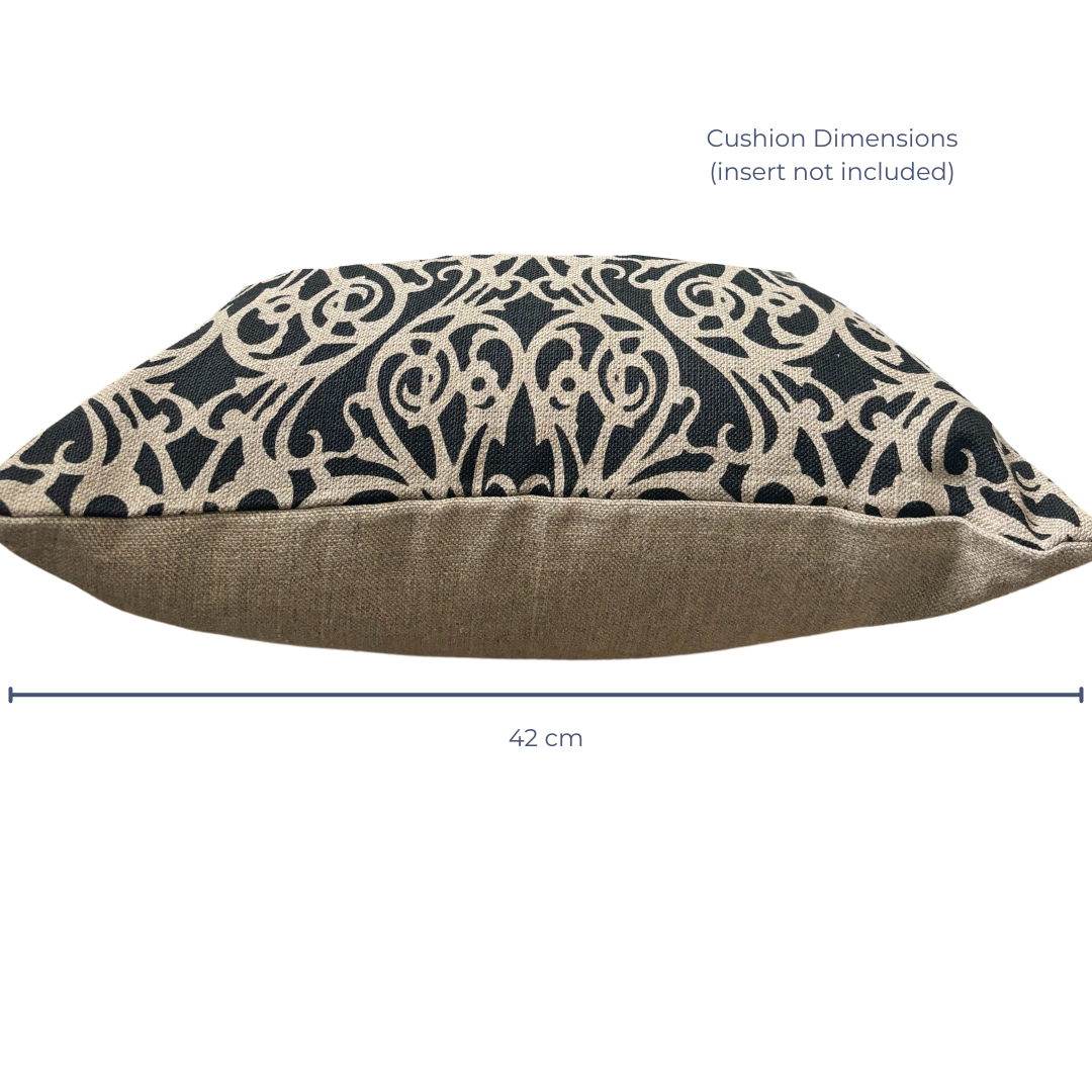 Handprinted Fretwork Cushion Cover in Black on Natural Linen