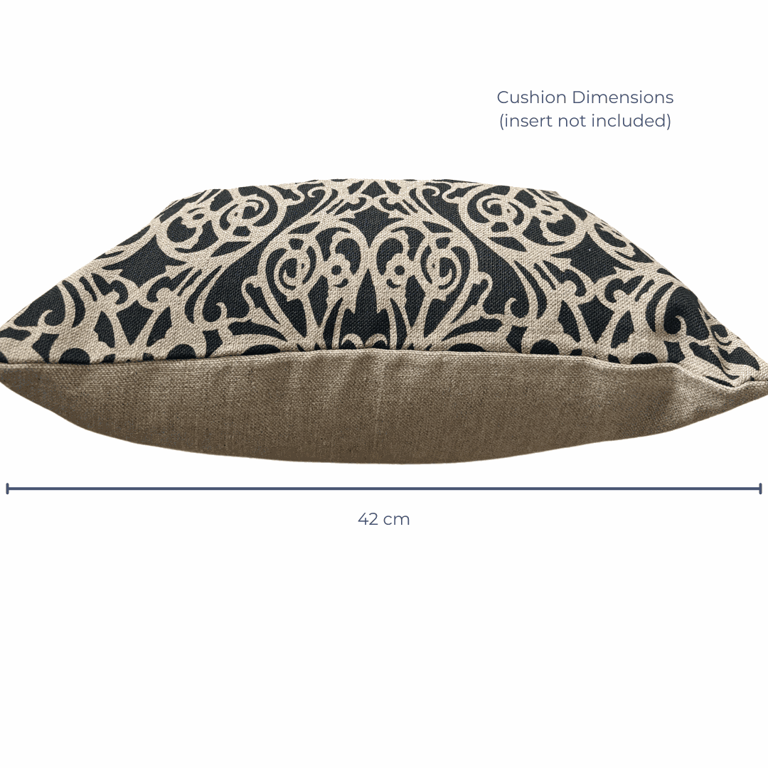 Handprinted Fretwork Cushion Cover in Black on Natural Linen