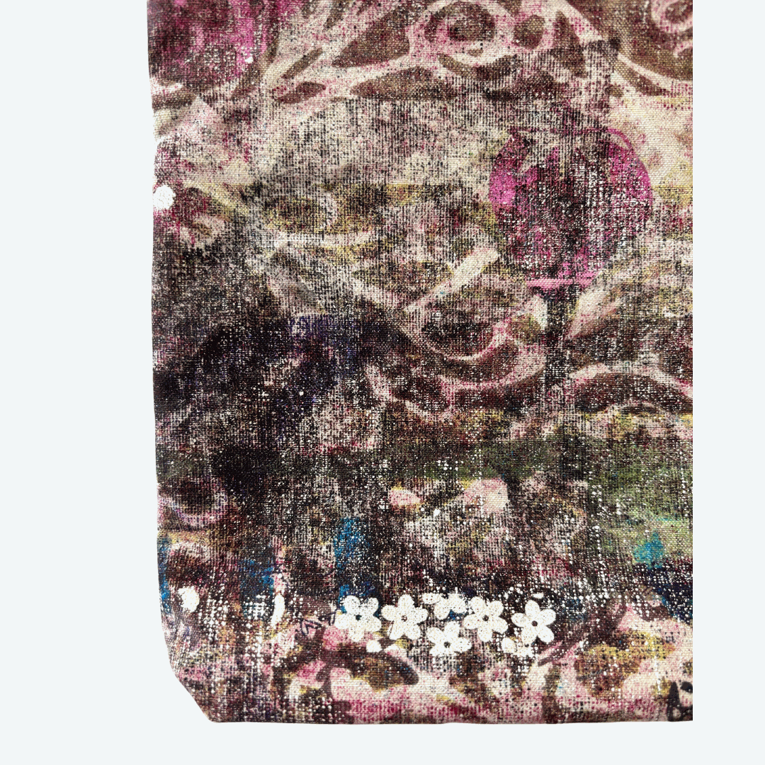 Handprinted Zip Purse : Fretwork and Flowers (large square)