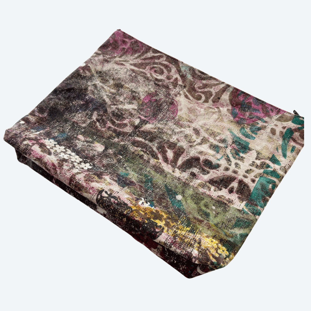 Handprinted Zip Purse : Fretwork and Flowers (large square)