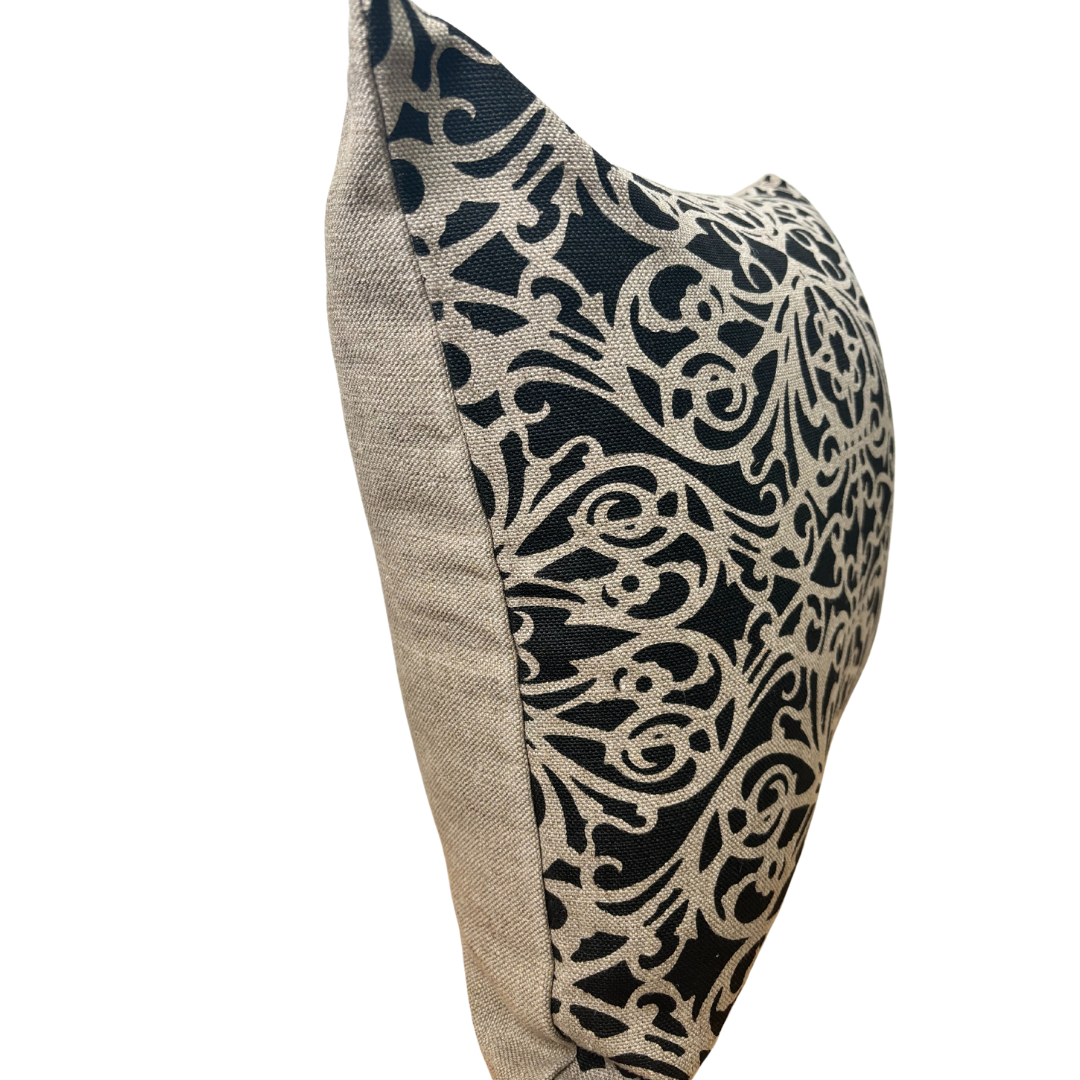 Handprinted Fretwork Cushion Cover in Black on Natural Linen