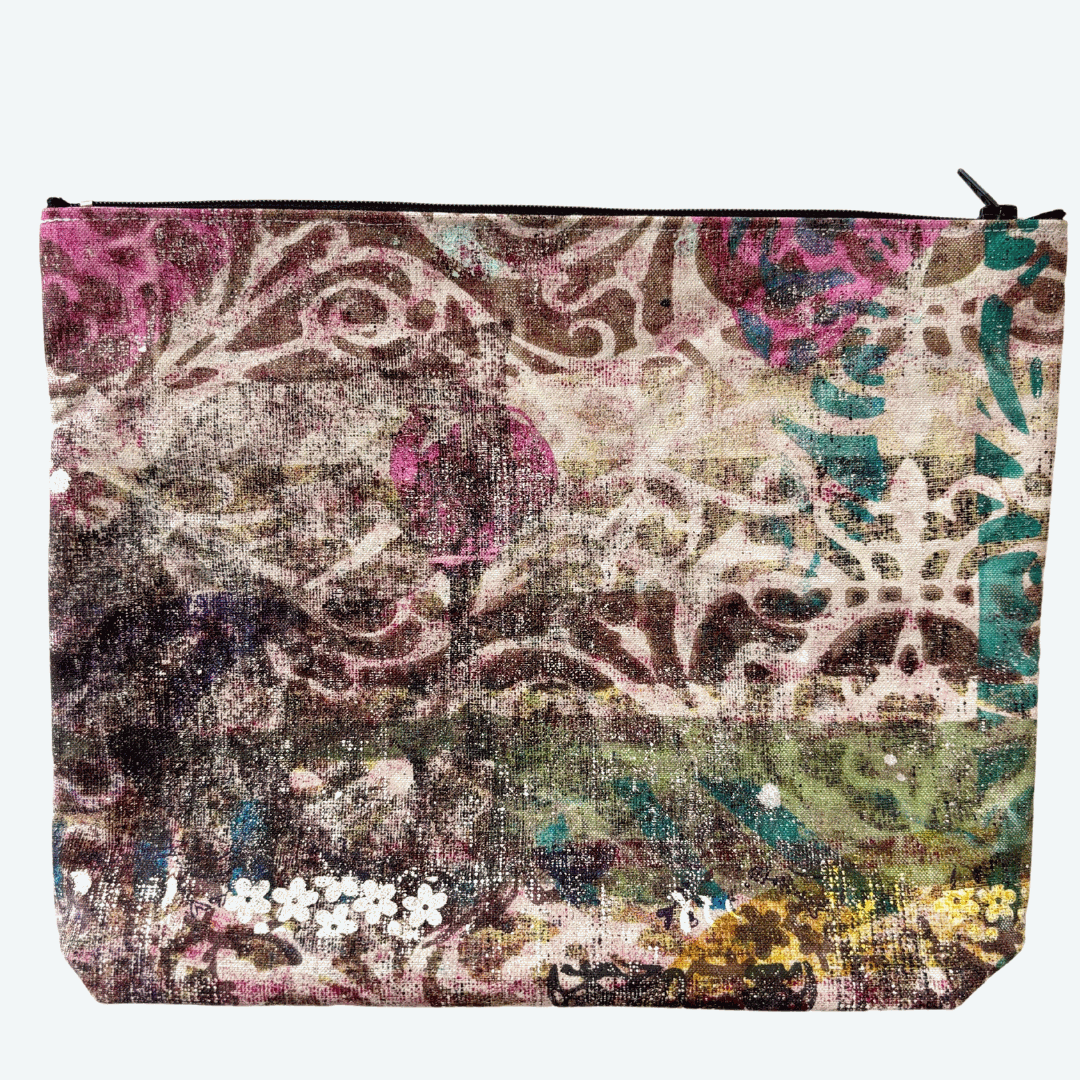 Handprinted Zip Purse : Fretwork and Flowers (large square)