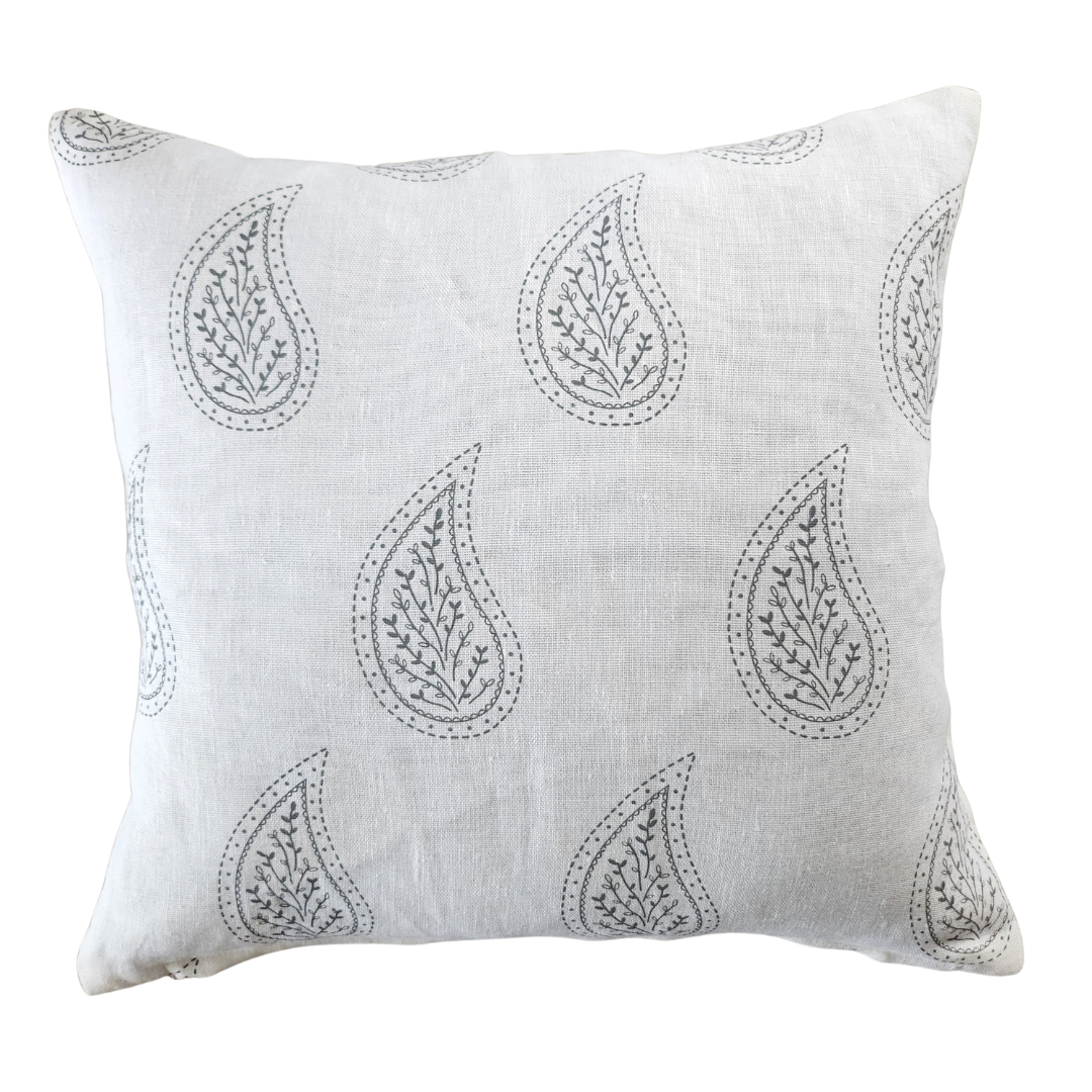 Paisley Parfait Cushion Cover - Grey on White Linen