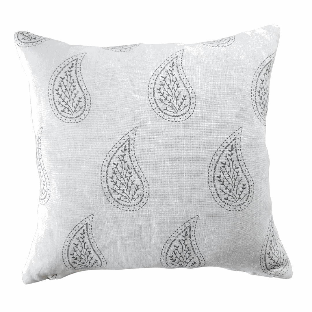 Grey Paisley Parfait Cushion Cover hand screen-printed on white organic linen with boho design