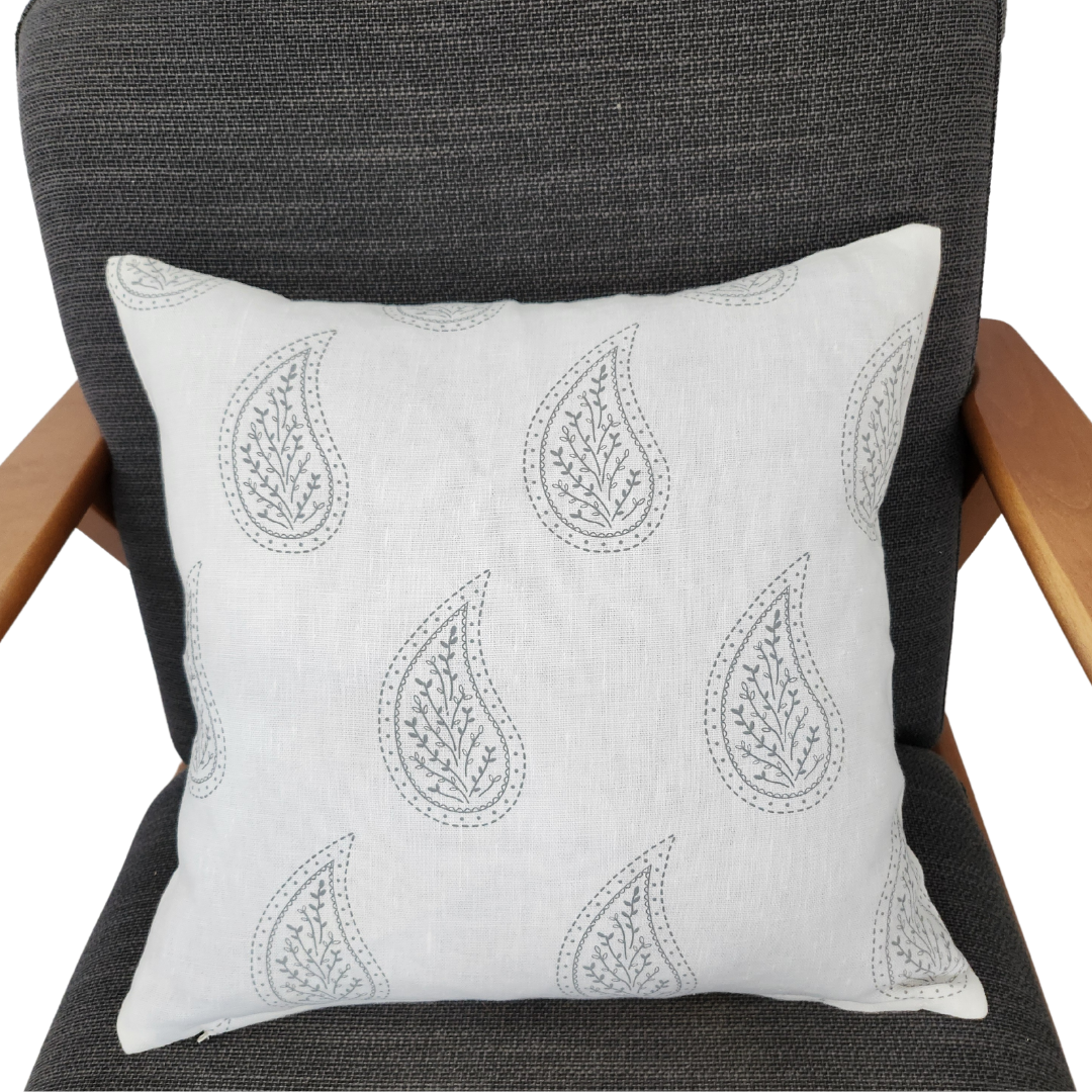 Paisley Parfait Cushion Cover - Grey on White Linen