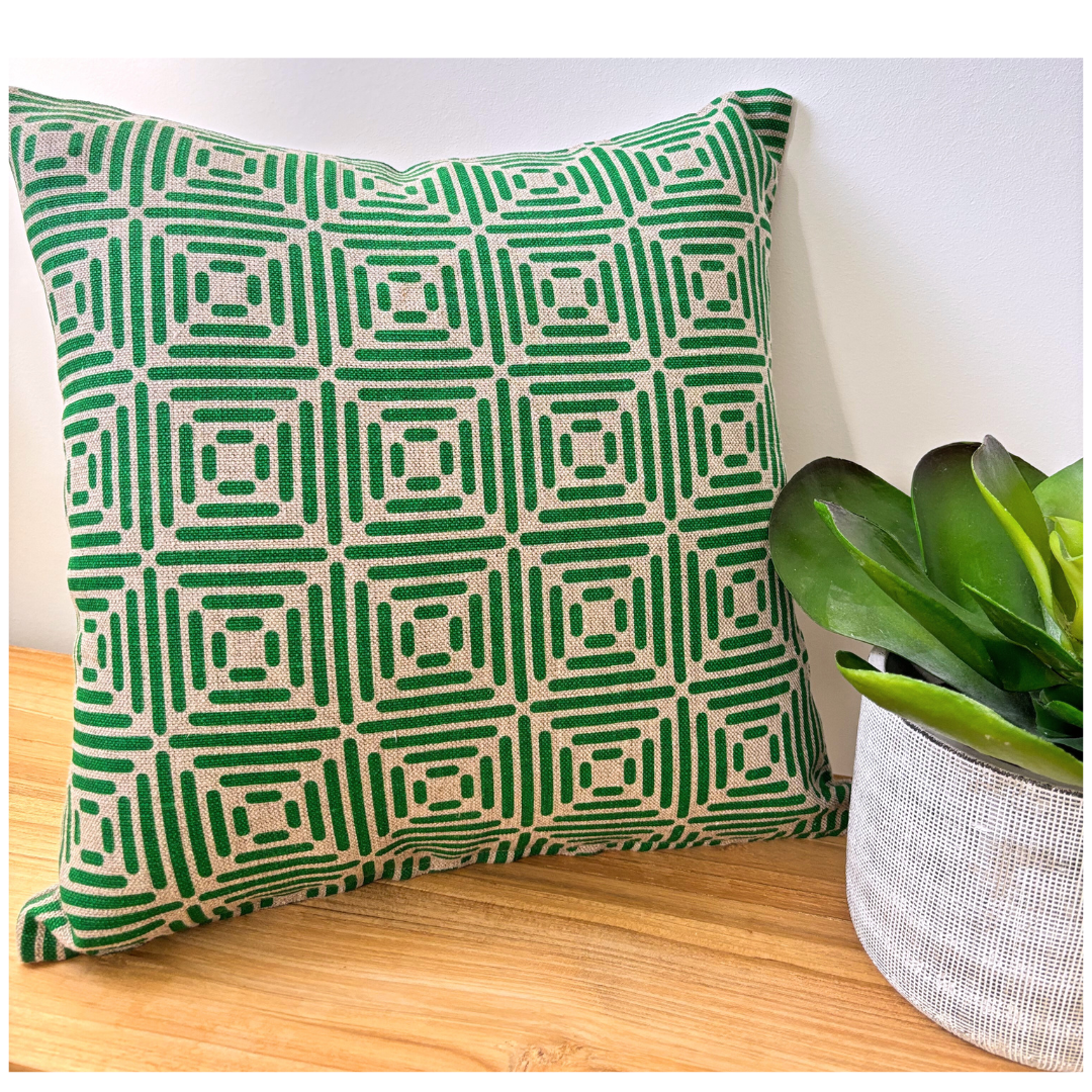 Diamond Cushion Cover Hand Printed in Emerald on Natural Linen