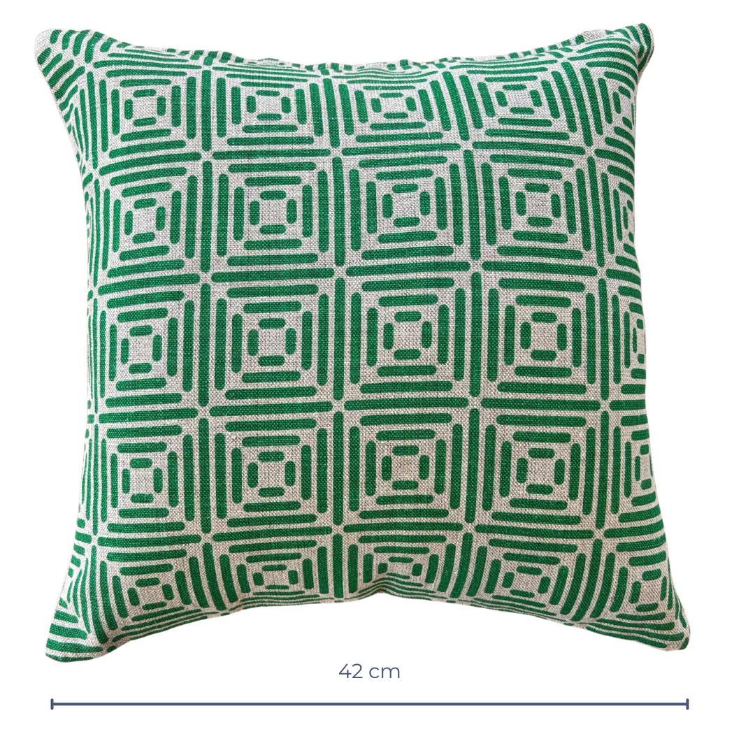 Diamond Cushion Cover Hand Printed in Emerald on Natural Linen