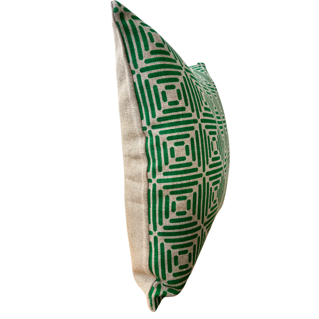 Diamond Cushion Cover Hand Printed in Emerald on Natural Linen