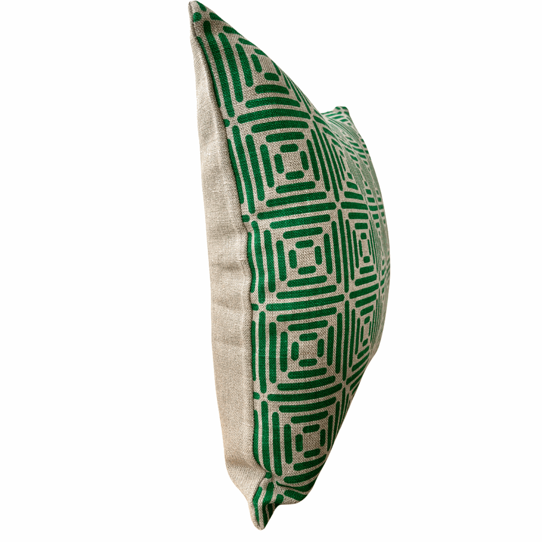 Diamond Cushion Cover Hand Printed in Emerald on Natural Linen