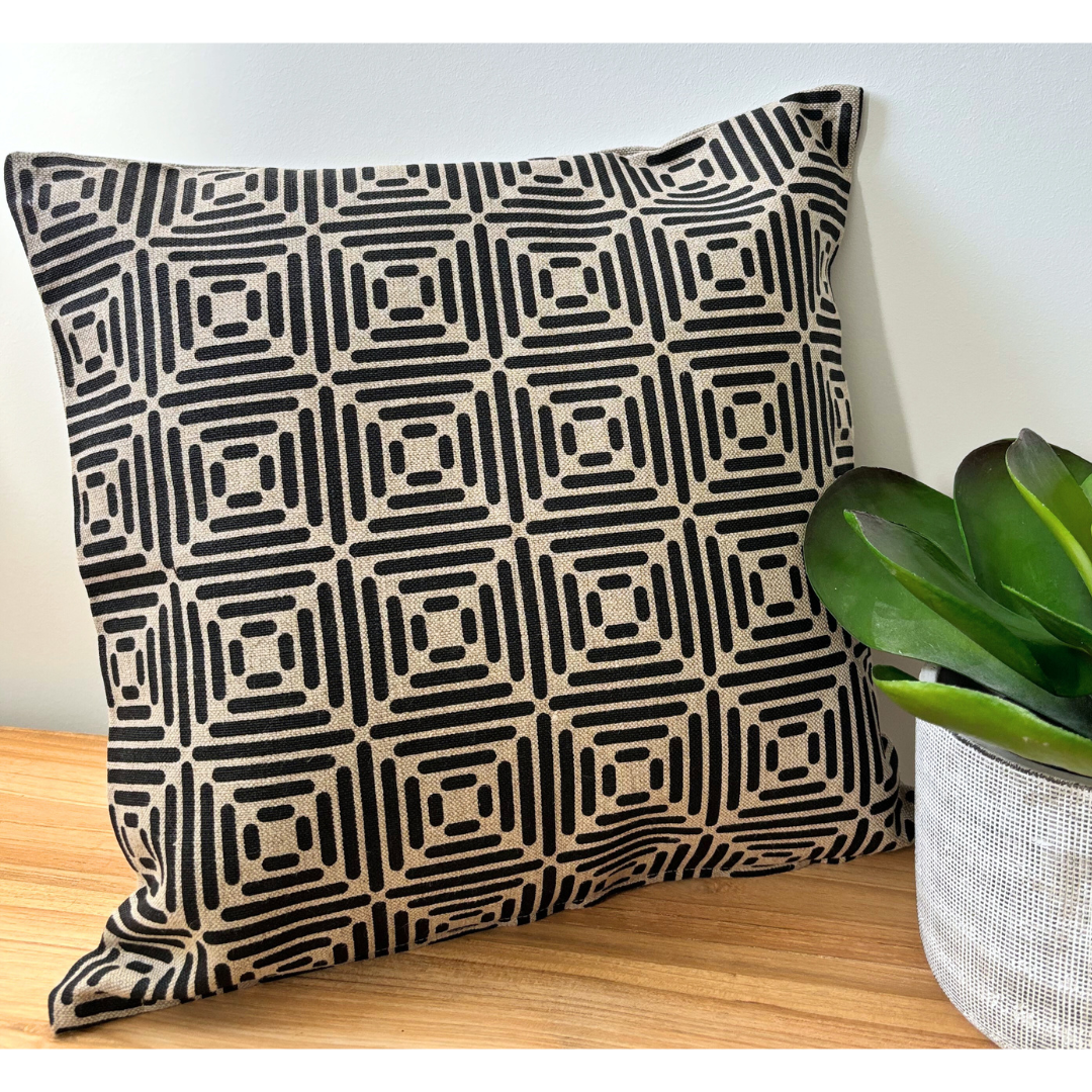 Diamond Cushion Cover Hand Printed in Black on Natural Linen