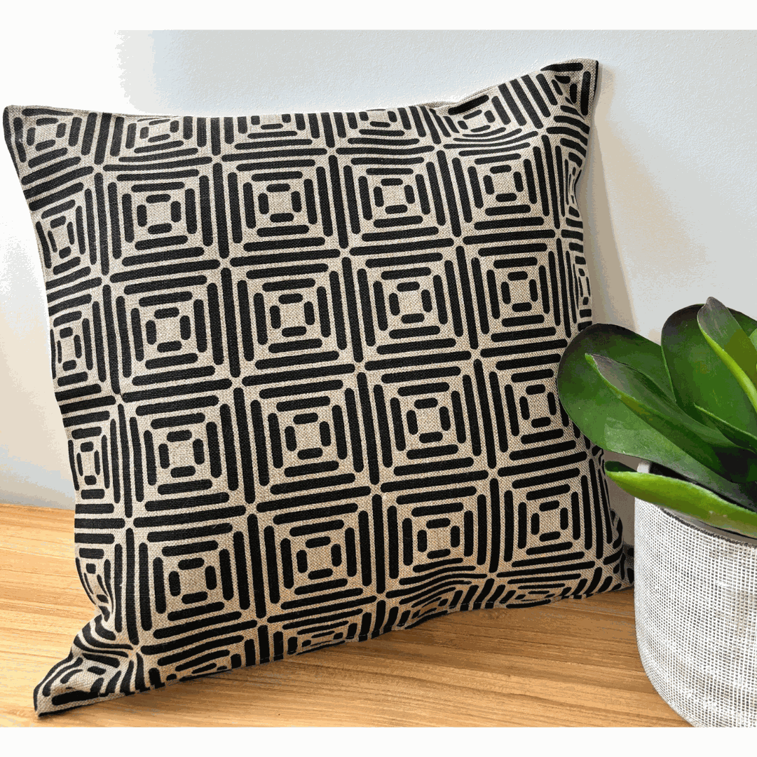 Diamond Cushion Cover hand printed in black on natural linen with eco-friendly inks