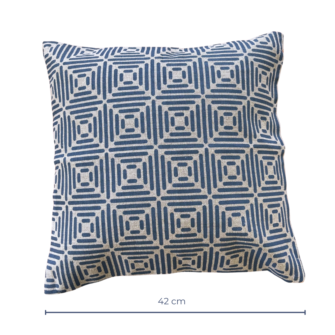 Diamond Cushion Cover Hand Printed in Cottage Blue on Natural Linen