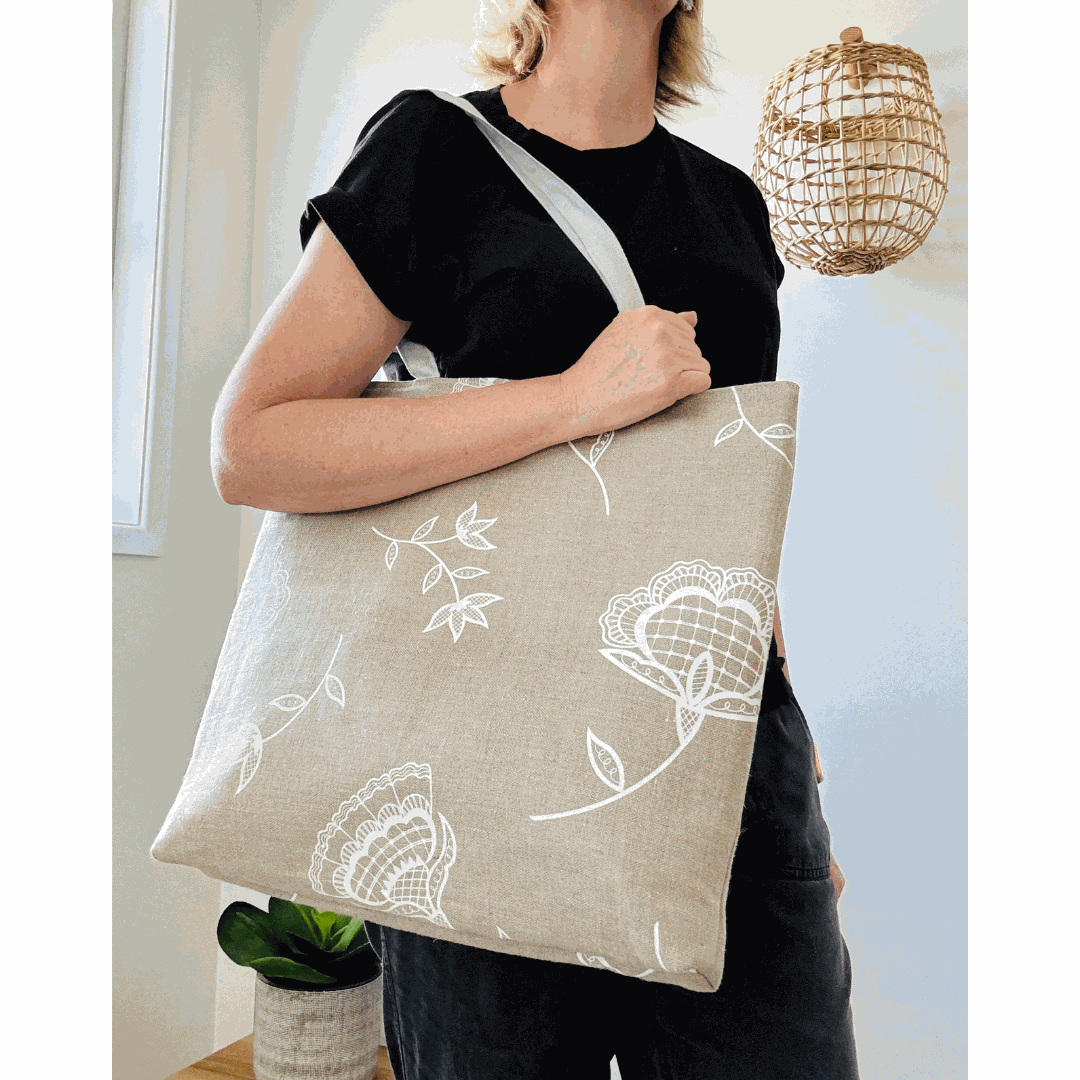 Handprinted Bohemian Blooms Extra Large Tote (Natural Linen)