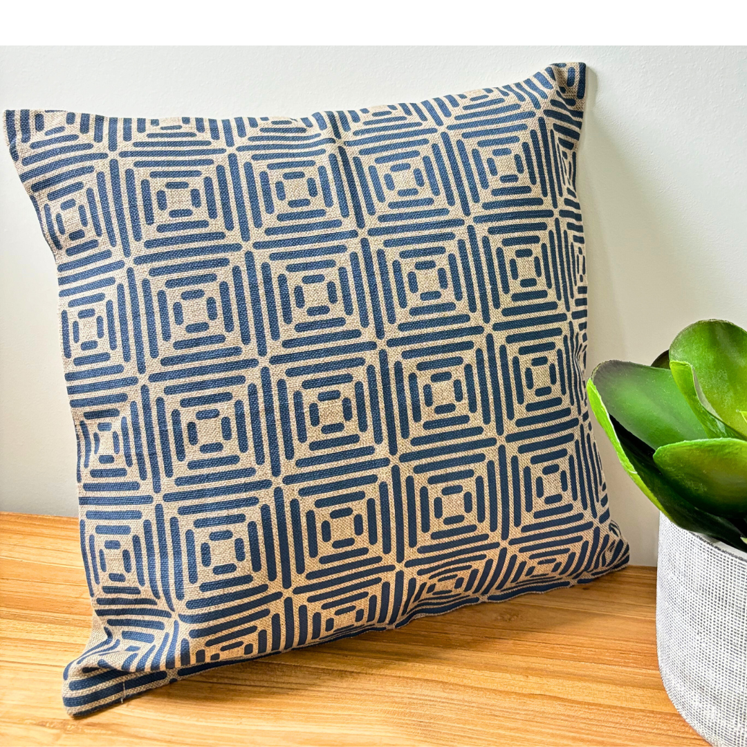 Diamond Cushion Cover Hand Printed in Cottage Blue on Natural Linen