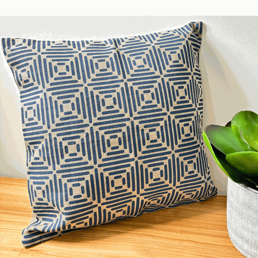 Diamond cushion cover hand printed in cottage blue on natural linen with eco-friendly inks