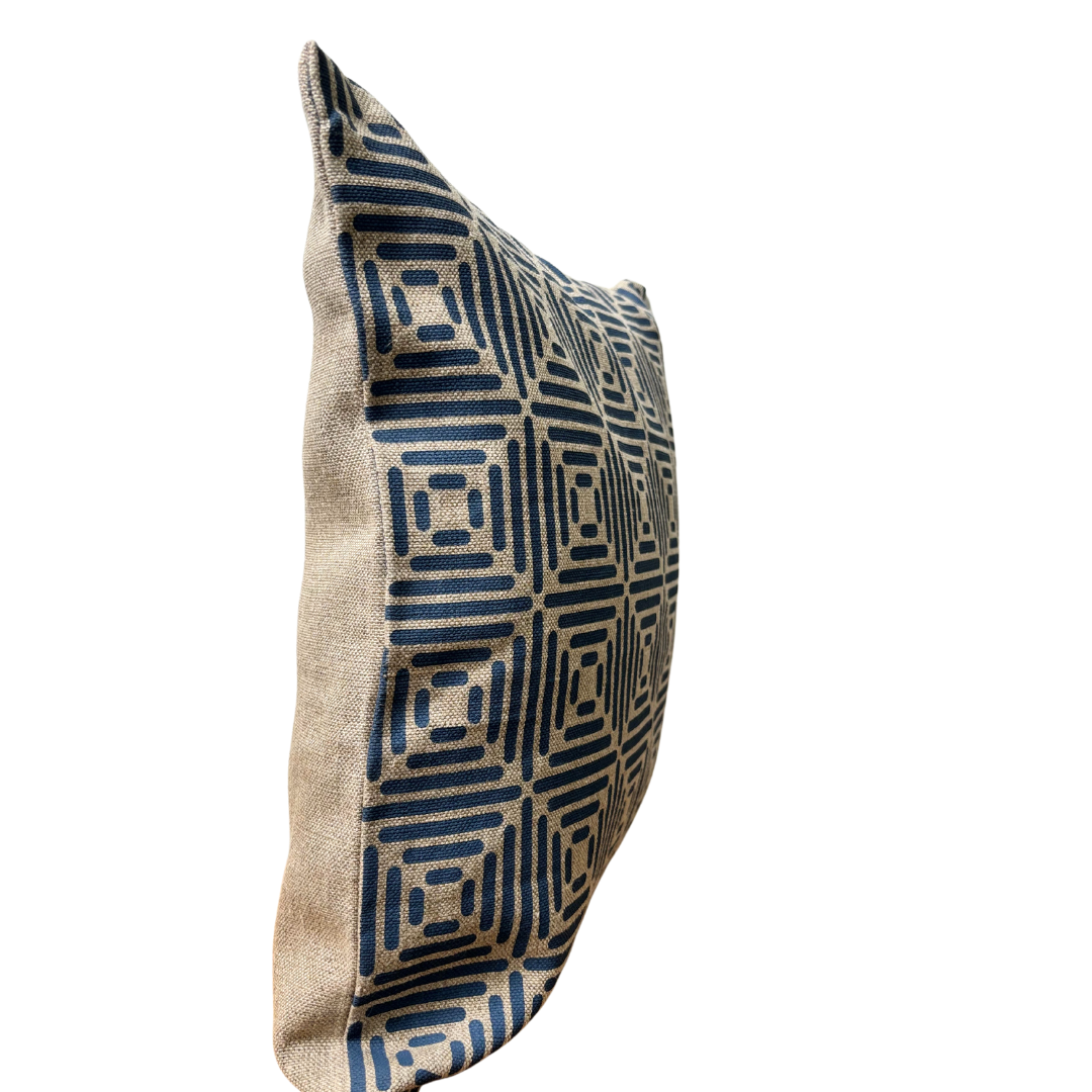 Diamond Cushion Cover Hand Printed in Cottage Blue on Natural Linen