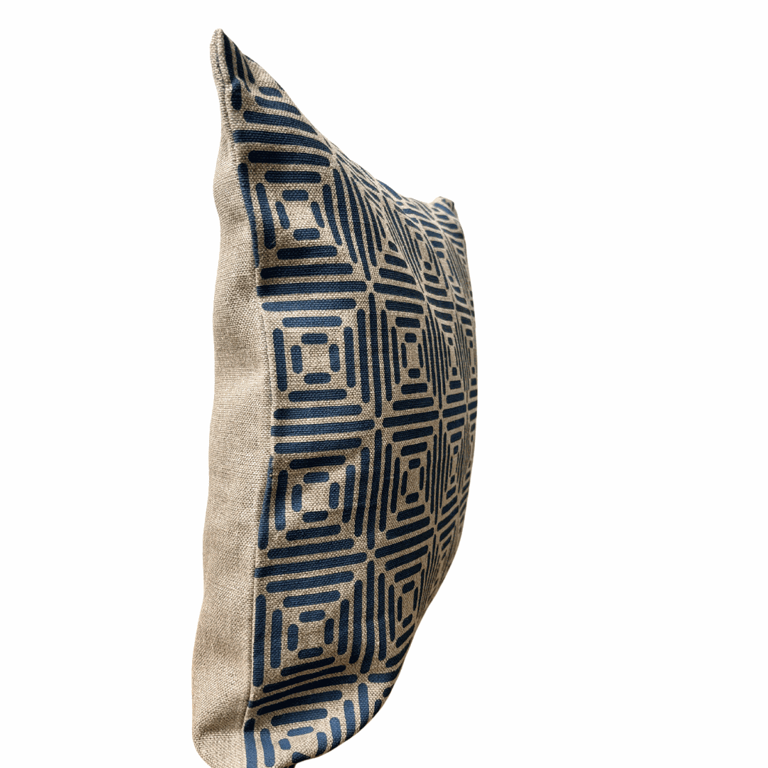 Diamond Cushion Cover Hand Printed in Cottage Blue on Natural Linen