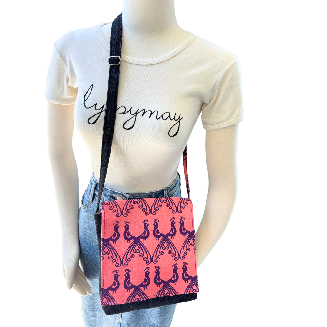 Peacocks in Purple Cross Body Dark Denim Satchel