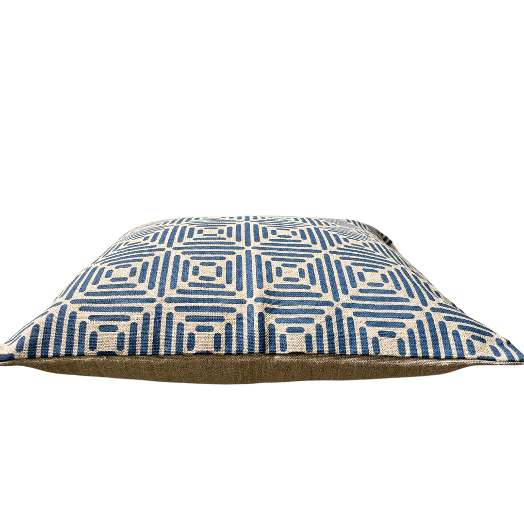 Diamond Cushion Cover Hand Printed in Cottage Blue on Natural Linen