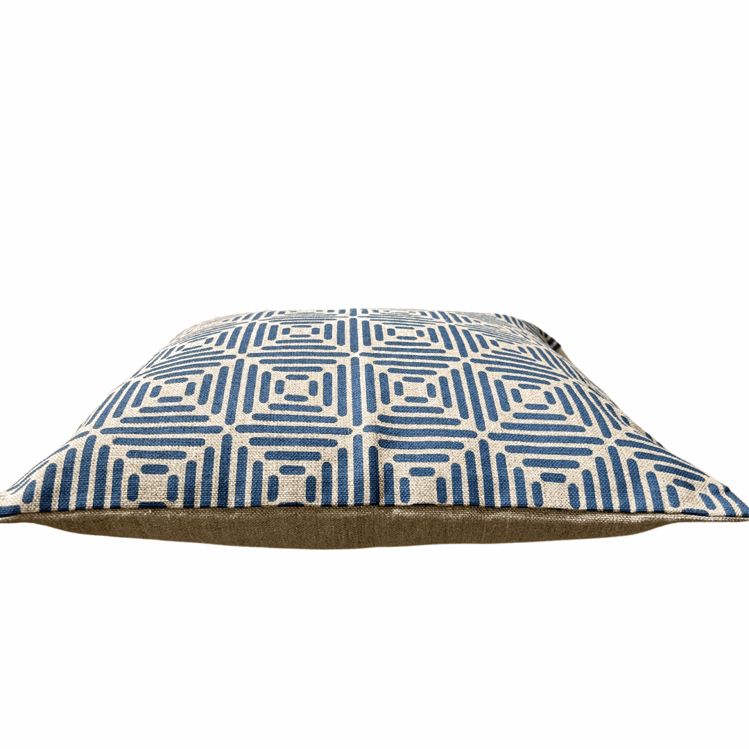 Diamond Cushion Cover Hand Printed in Cottage Blue on Natural Linen