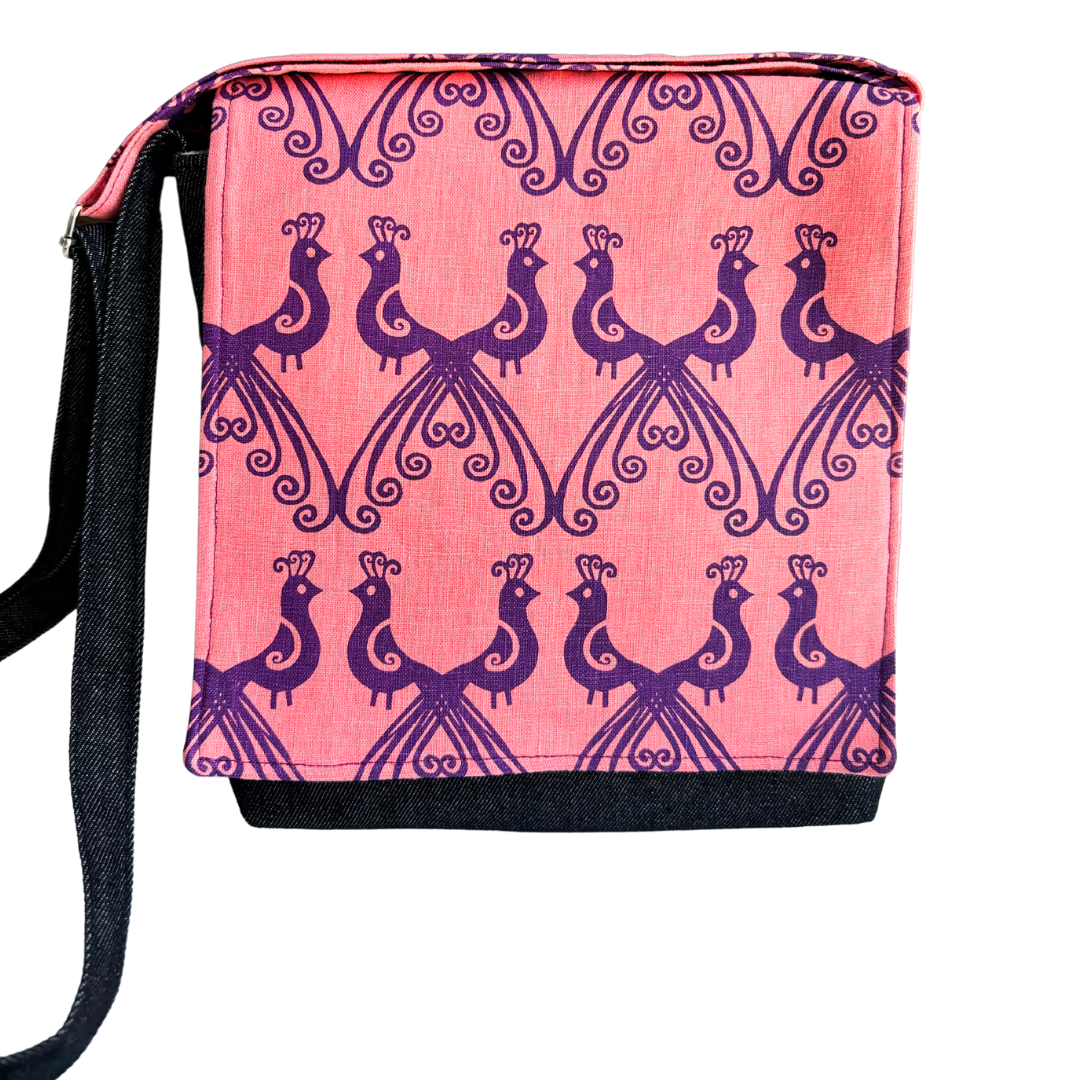 Peacocks in Purple Cross Body Dark Denim Satchel