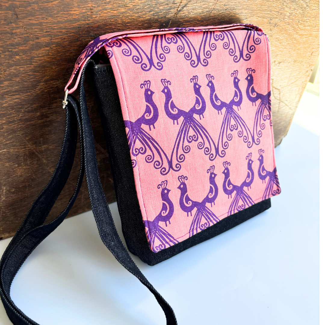Peacocks in Purple Cross Body Dark Denim Satchel