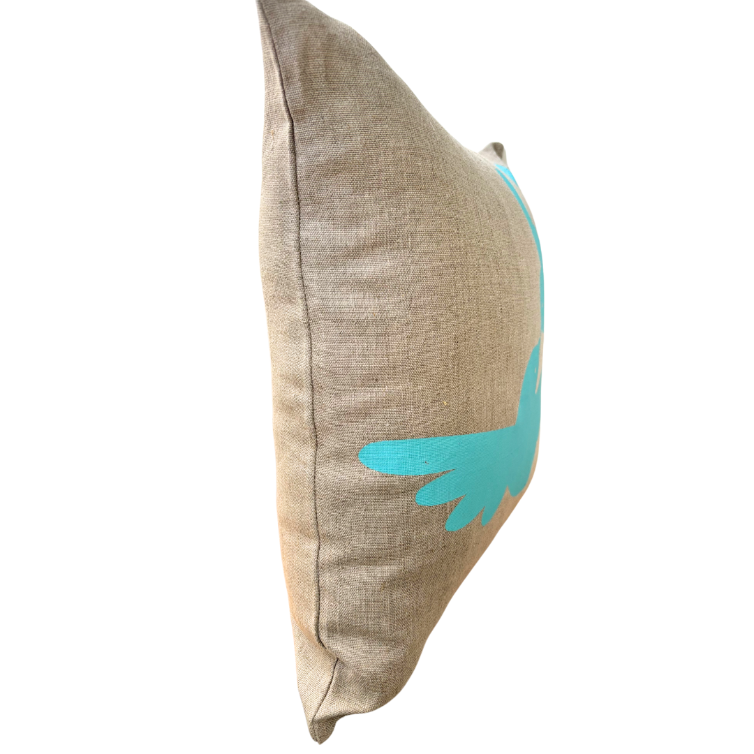 Dove Love Cushion Cover Hand Printed in Aqua on Natural Linen
