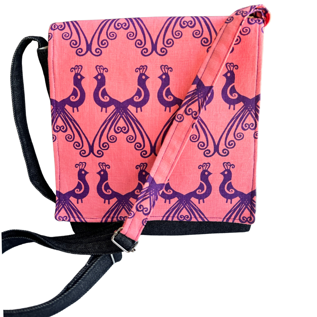 Peacocks in Purple Cross Body Dark Denim Satchel