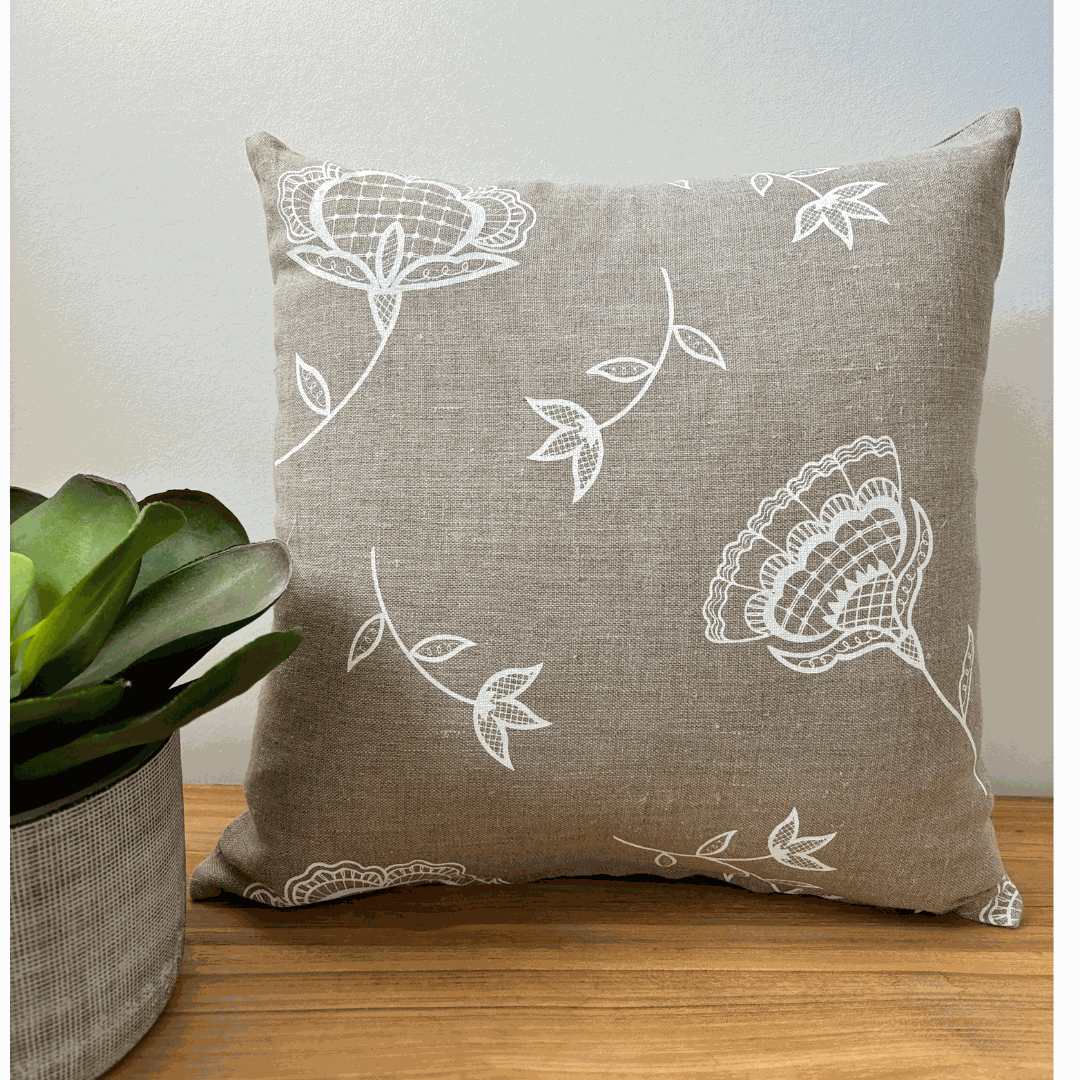 Bohemian Blooms cushion cover handprinted on natural linen with white floral design