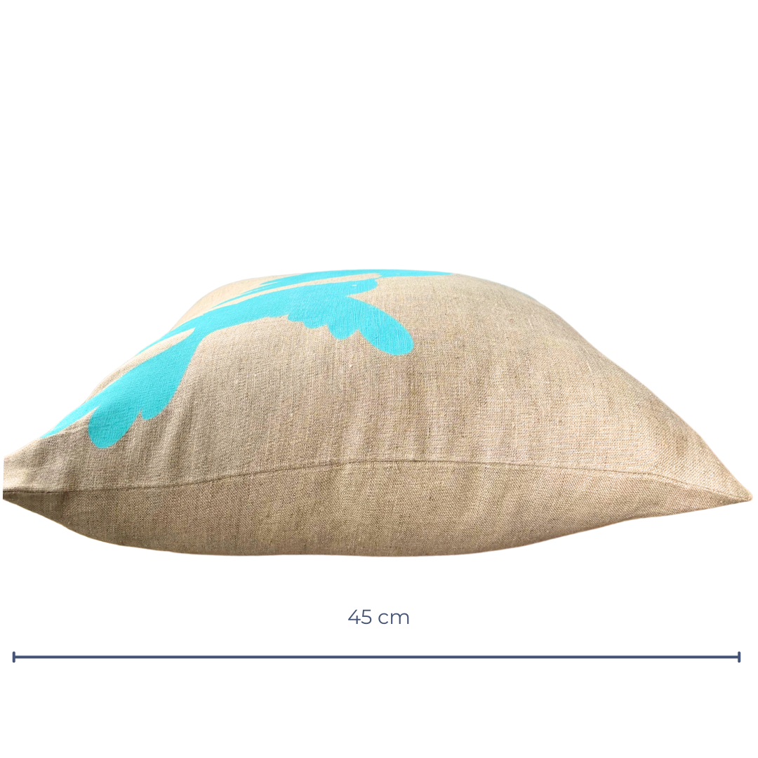Dove Love Cushion Cover Hand Printed in Aqua on Natural Linen
