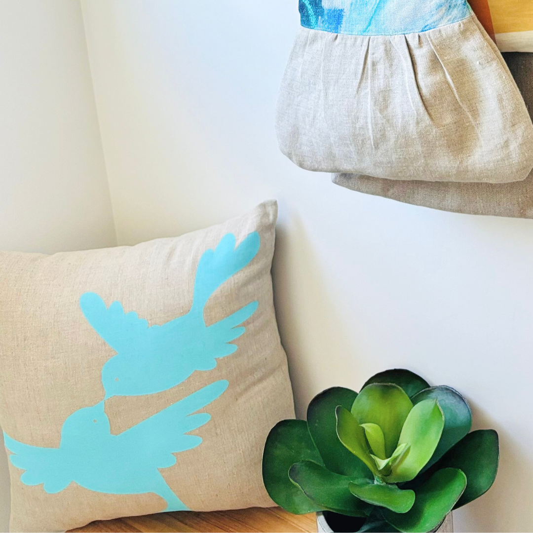 Dove Love Cushion Cover Hand Printed in Aqua on Natural Linen